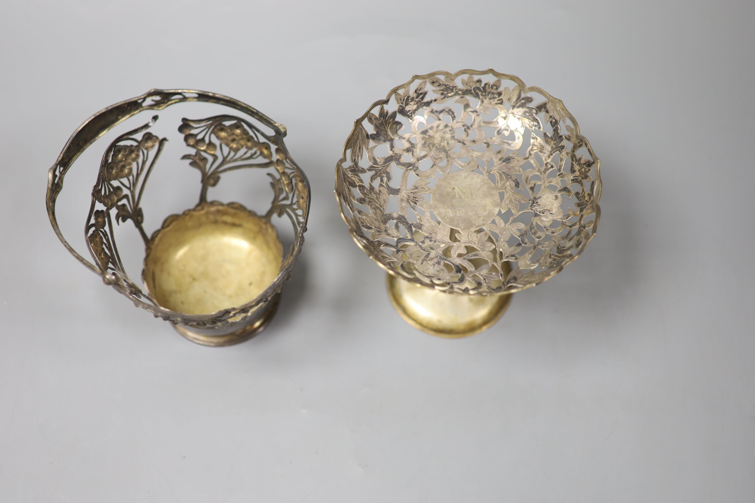 A pierced sterling basket, (no liner) and a pierced white metal tazza